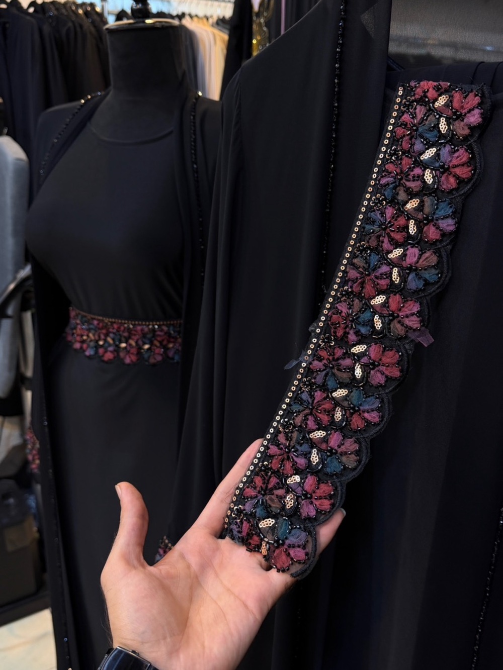 Elegant Black Dress with Pink & Blue Floral Embellishment